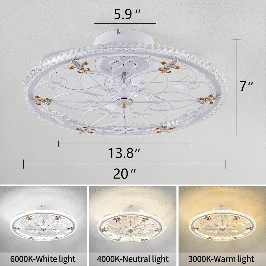 White Caged Ceiling Fan with Lights Remote Control, Farmhouse Industrial Ceiling Fan with Light for Kitchen Bedroom Living Room