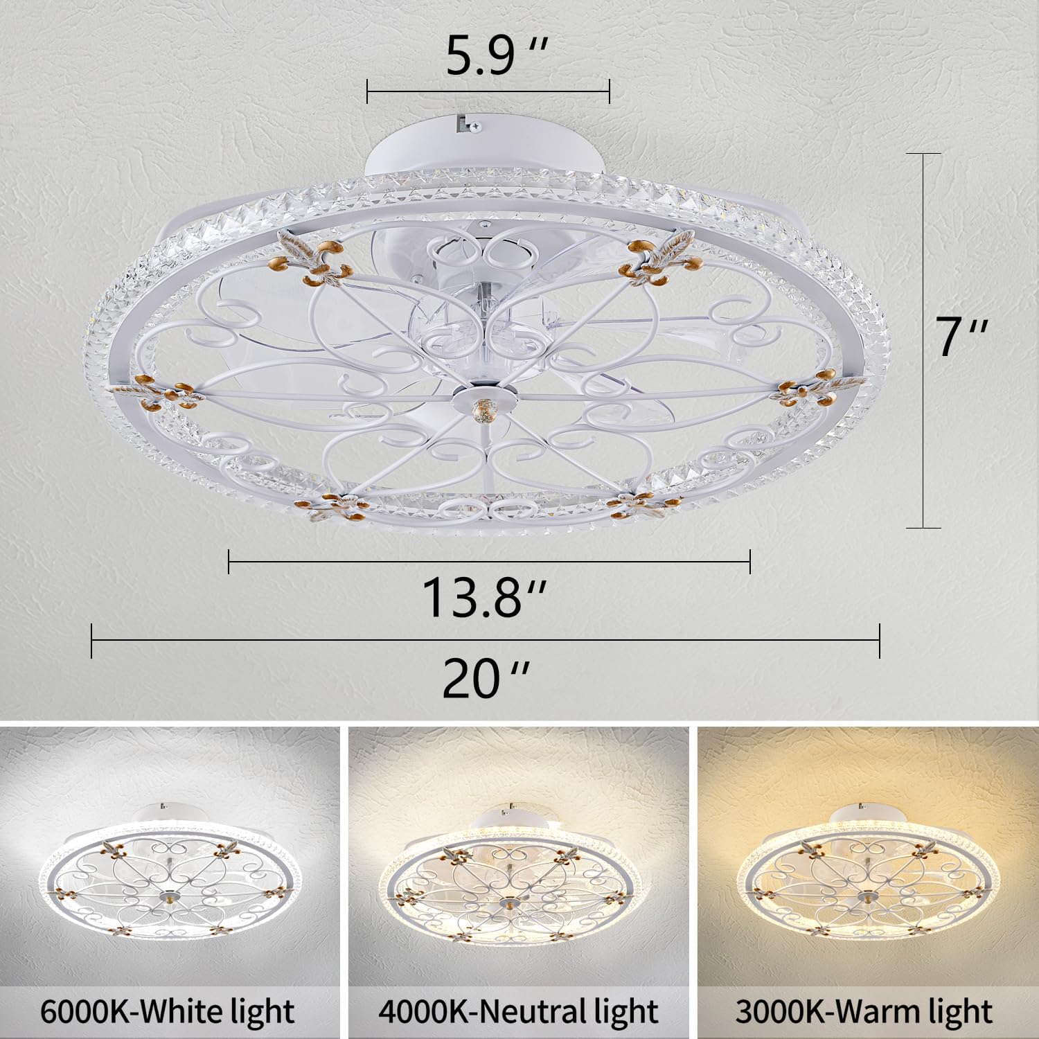 White Caged Ceiling Fan with Lights Remote Control, Farmhouse Industrial Ceiling Fan with Light for Kitchen Bedroom Living Room