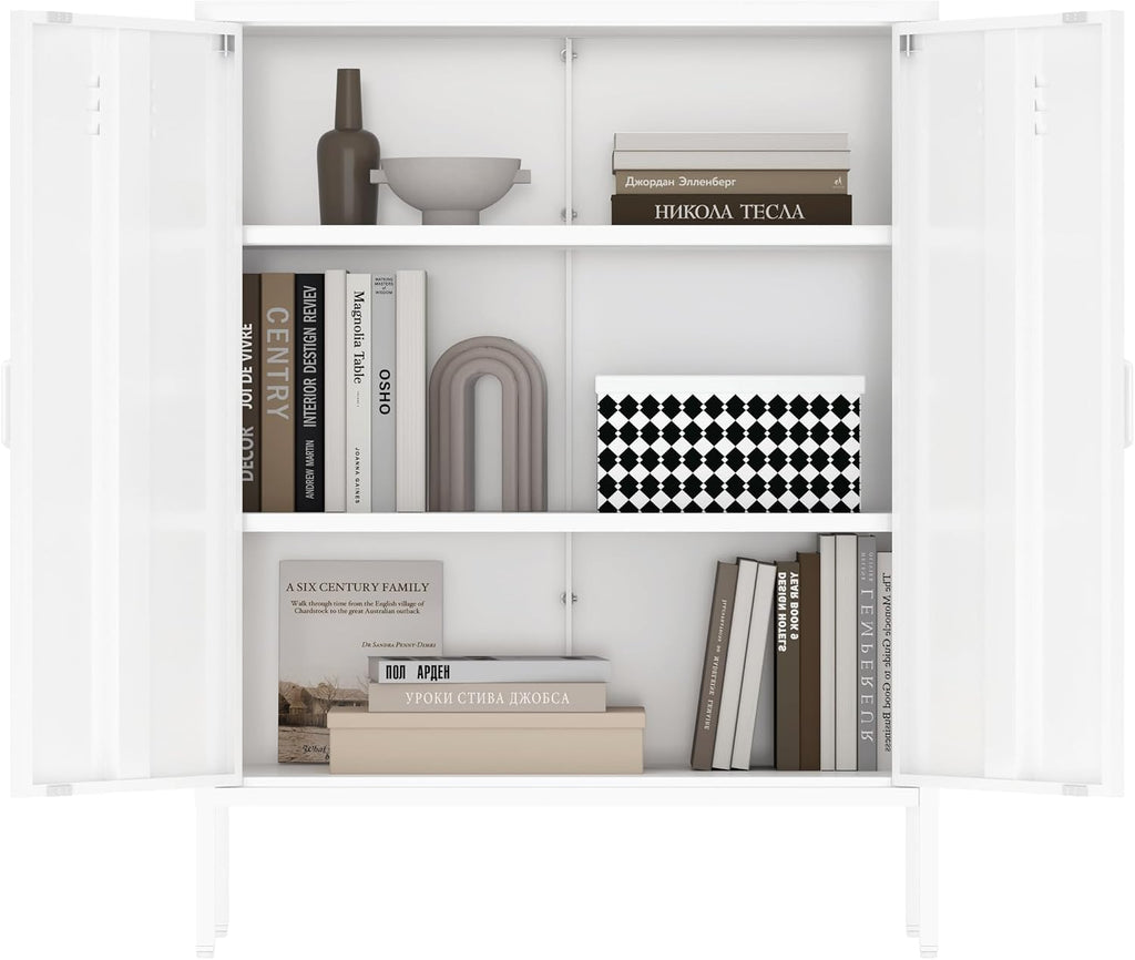 Manhattan Comfort Naomi Modern Metal Accent Cabinet, Minimalist Storage Cabinet with Doors & Adjustable Shelves, Vented Doors, Sturdy Steel Build, Versatile & Multi-Purpose Home Furniture, White