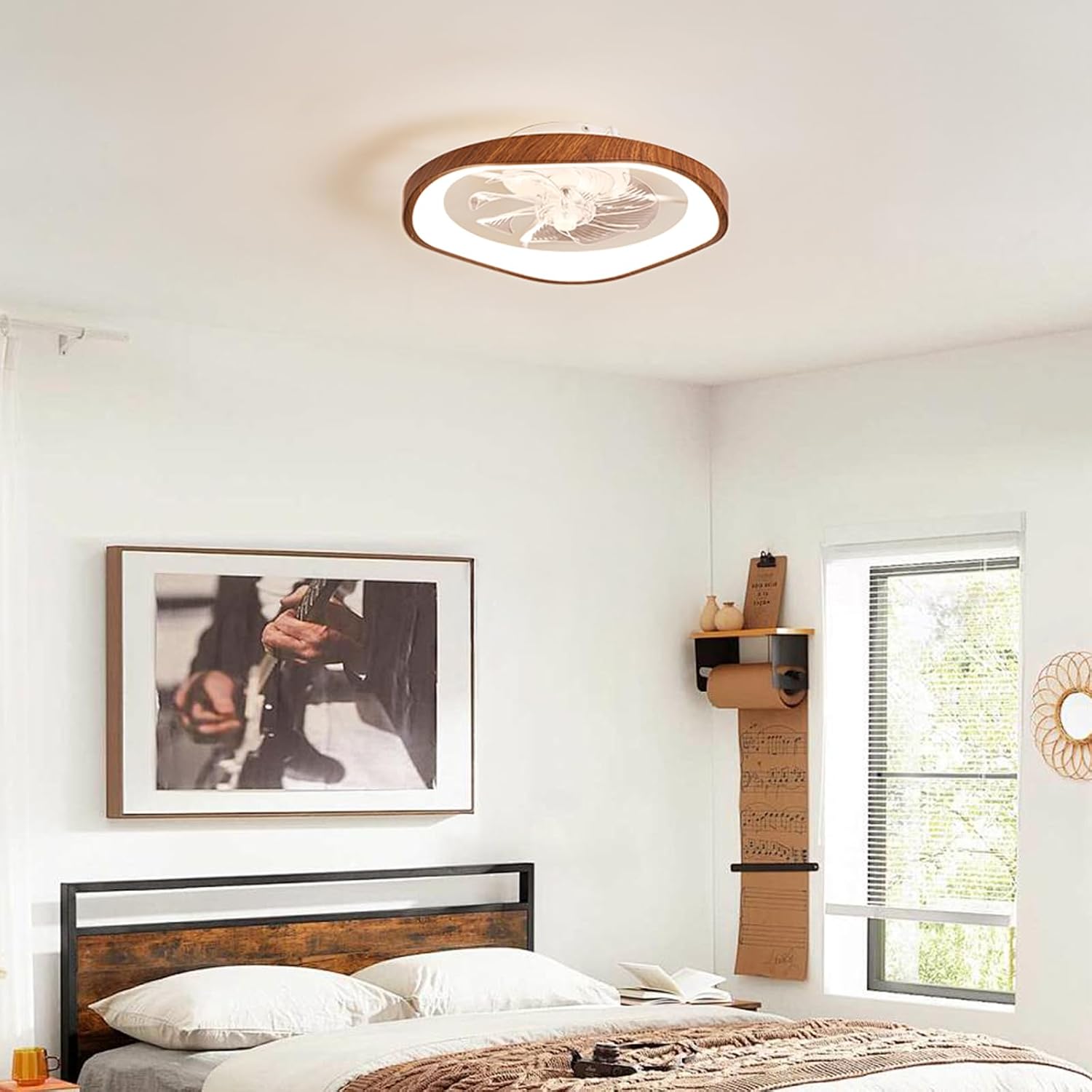 20″ Low Profile Ceiling Fan with Lights, Farmhouse Retro Walnut Wood Grain Ceiling Fan Light, Bladeless Dimmable LED Chandelier Fans for Bedroom Porch