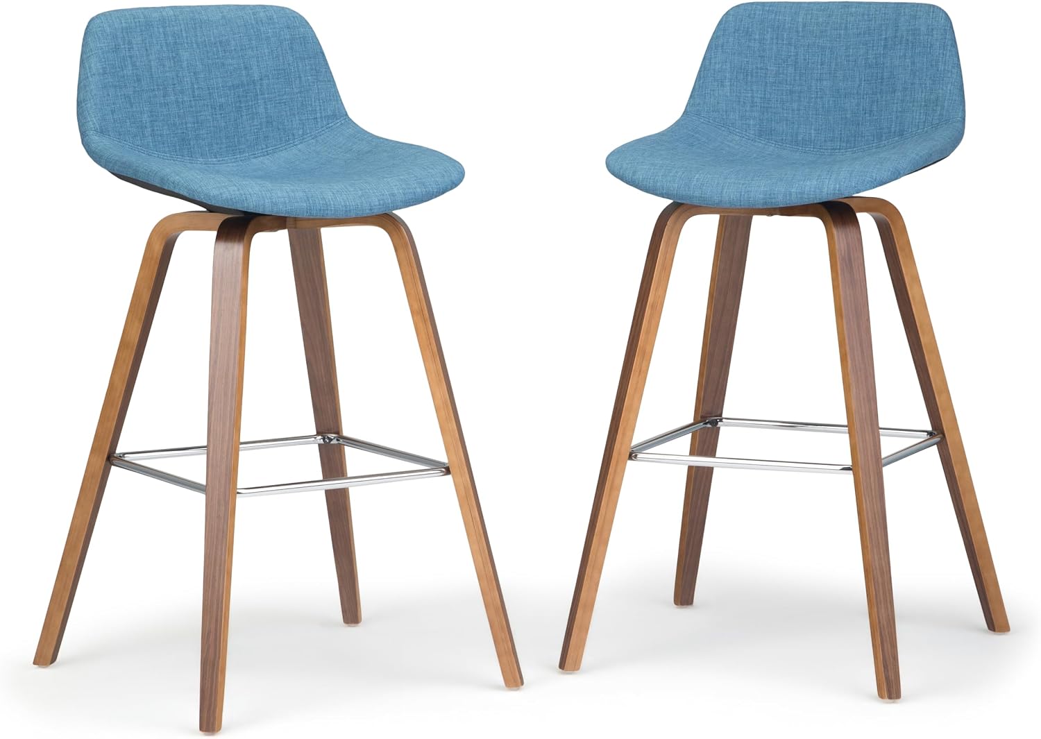 SIMPLIHOME Randolph Counter Stools (Set of 2) - 28 Inch Seat Height Upholstered Bentwood Bar Stools in Medium Blue Linen Look Fabric, Mid Century Modern Seating with Curved Backrest and Footrest