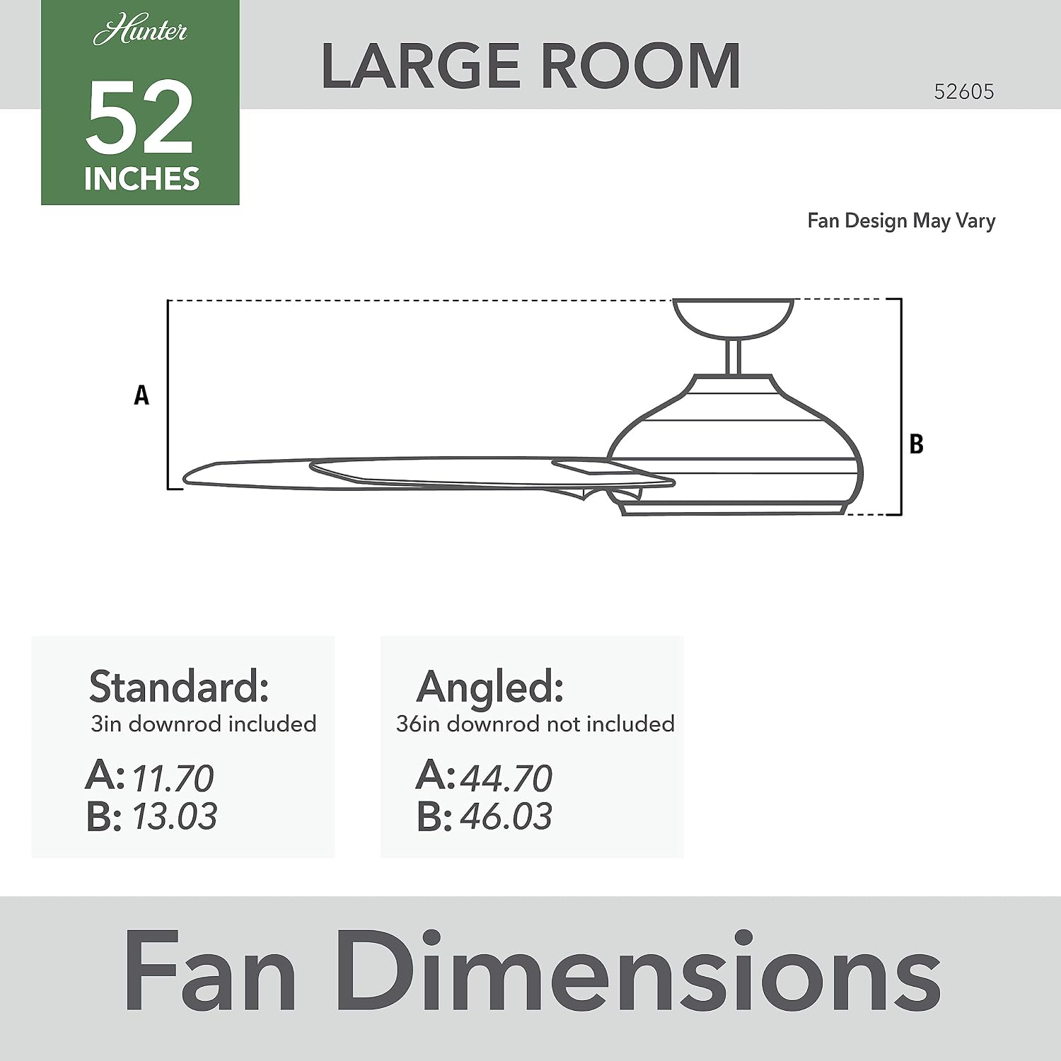 Hunter 52 inch Indoor Ceiling Fan No Light with Remote Control - White Ceiling Fan without Light, Standard Mount, 3 Blades, For Bedroom, Living Room, or Kitchen - Malden 52605, Matte White
