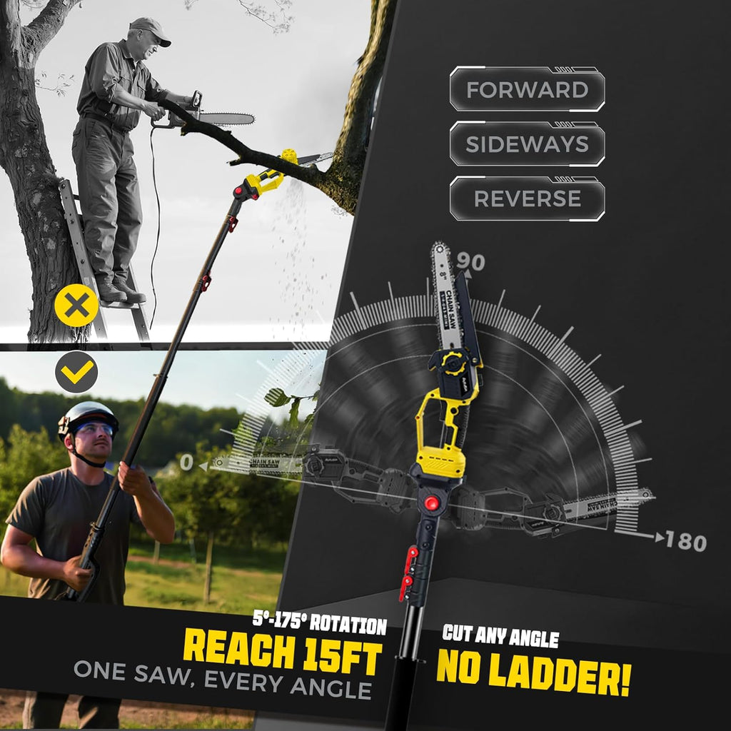 Brushless 2-IN-1 Cordless Pole Saw & Mini Chainsaw, 2× 21V 4.0Ah Battery Powered 8 Inch Chain,Max Reach 16 Ft & Multi-Angle Electric Pole Saw for Tree Trimming, Gifts For Father,Husband,Men