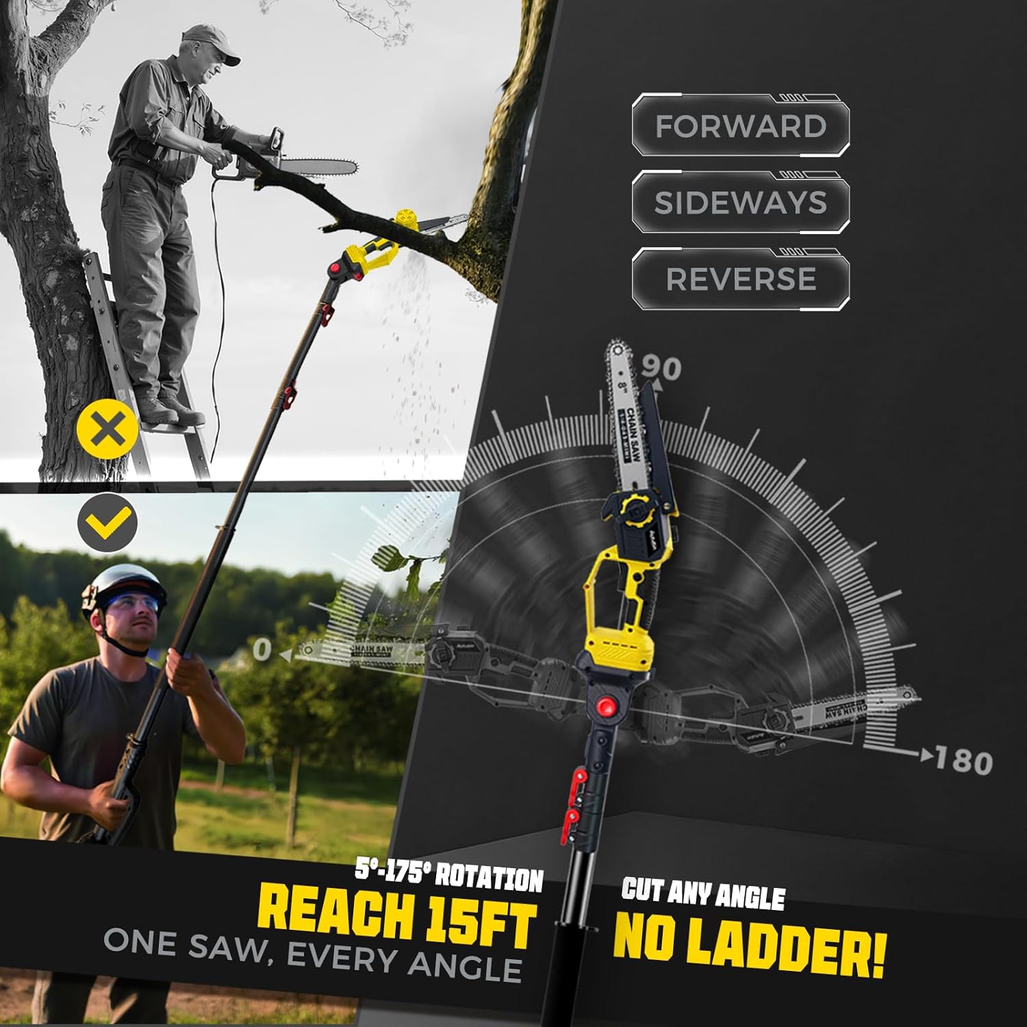 Brushless 2-IN-1 Cordless Pole Saw & Mini Chainsaw, 2× 21V 4.0Ah Battery Powered 8 Inch Chain,Max Reach 16 Ft & Multi-Angle Electric Pole Saw for Tree Trimming, Gifts For Father,Husband,Men