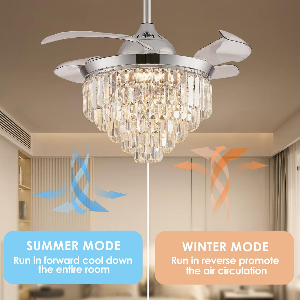 Finktonglan 36' Crystal Fandelier Ceiling Fan with Light, Retractable Blades, Dimmable 72W LED, Remote & App Control, Quiet Reversible Motor, 6 Speeds, Chrome Flush Mount for Bedroom/Living Room
