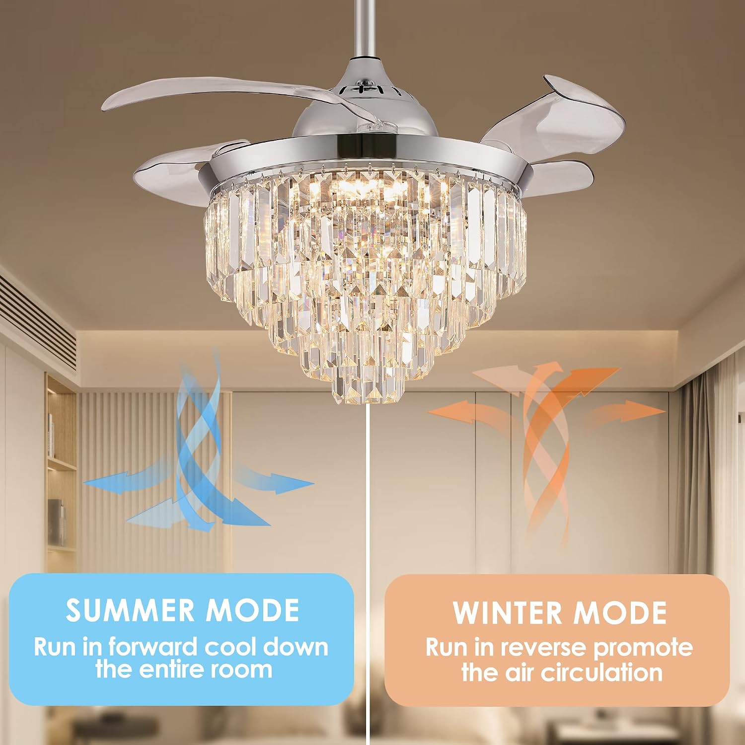 Finktonglan 36' Crystal Fandelier Ceiling Fan with Light, Retractable Blades, Dimmable 72W LED, Remote & App Control, Quiet Reversible Motor, 6 Speeds, Chrome Flush Mount for Bedroom/Living Room