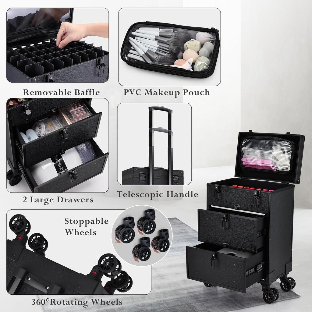 Faquenc Rolling Makeup Train Case With 2 Extra Large Drawers, Nail Organizer, Foldable Table With Electric Dust Collector, Manicure Desk for Mobile Stylists, Artist Salon Cart Trunk - Black