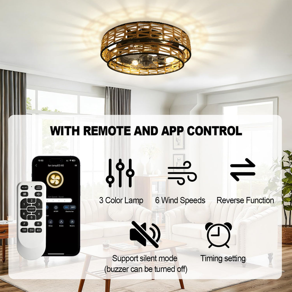 Ceiling Fans with Lights Flush Mount, 20 Inch Caged Low Profile Ceiling Fans with 3 Mode Lighting and Remote Control with E26 Bulbs for Bedroom, Nursery, Garage (Light Brown)
