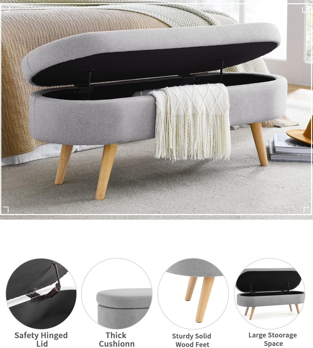 ECLYL Oval Storage Bench 43.5' Linen Fabric Upholstered Entryway Bench with Solid Wood Legs Ottoman Bench Indoor Bench for Living Room/Bedroom/End of Bed/Entryway (Grey)