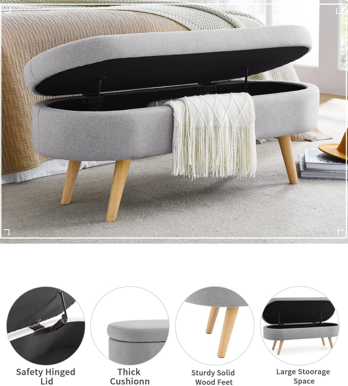 ECLYL Oval Storage Bench 43.5' Linen Fabric Upholstered Entryway Bench with Solid Wood Legs Ottoman Bench Indoor Bench for Living Room/Bedroom/End of Bed/Entryway (Grey)