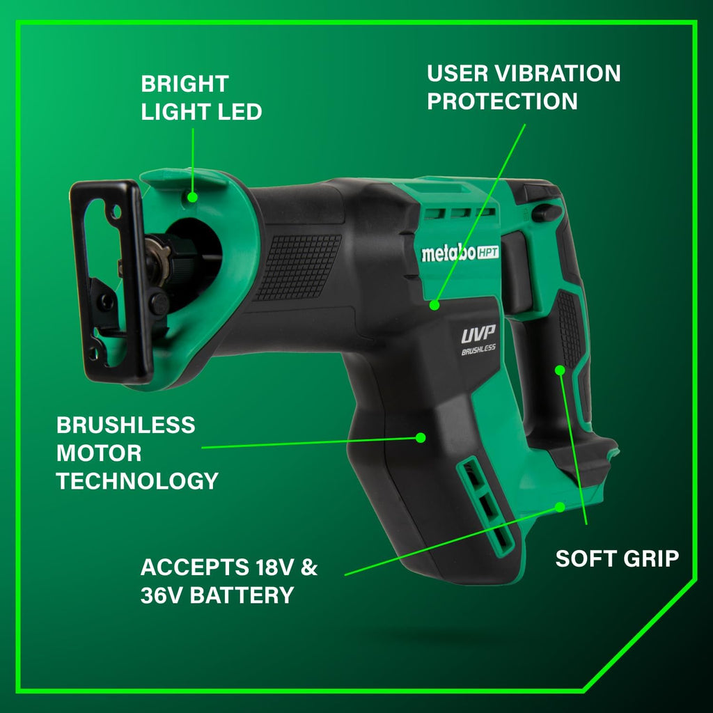 Metabo HPT 18V MultiVolt Cordless Compact Reciprocating Saw, Top Class Cutting Speed, 20% More Compact, 1-1/8' Stroke Length, 3,000 SPMs, Up to 125 Cuts Per Charge, Tool Body Only, CR18DMAQ4