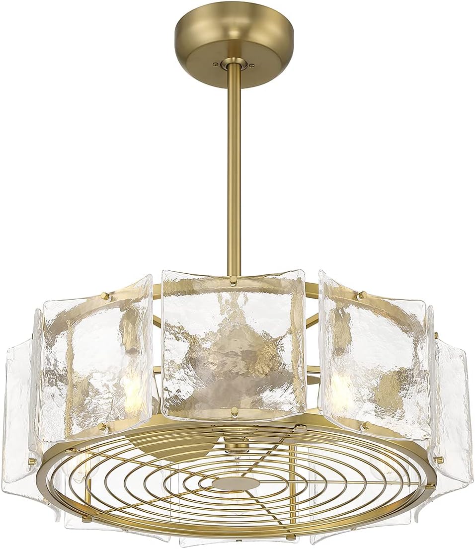 Savoy House 27-FD-8201-322 Genry Fandelier Coastal Clear Water Piastra Glass Drum Chandelier Ceiling Fan with Light and Remote, 5-Light 40 Total Watts, 17' H x 27' W, Warm Brass