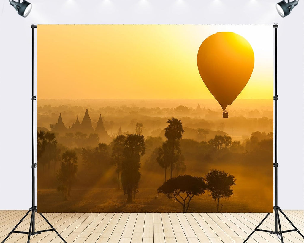 Trykid 20x10ft Bagan Hot Air Balloon Ancient Pagodas Backdrop Golden Sunrise Misty Plains Photography Background Travel Adventure Party Decoration Tapestry Photo Booth Prop Fabric