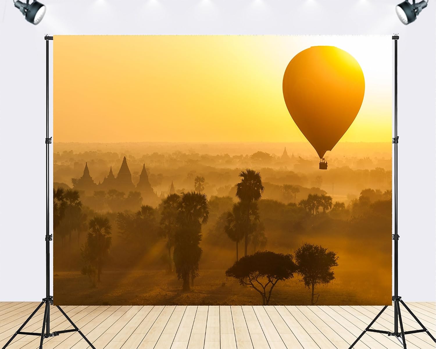 Trykid 20x10ft Bagan Hot Air Balloon Ancient Pagodas Backdrop Golden Sunrise Misty Plains Photography Background Travel Adventure Party Decoration Tapestry Photo Booth Prop Fabric