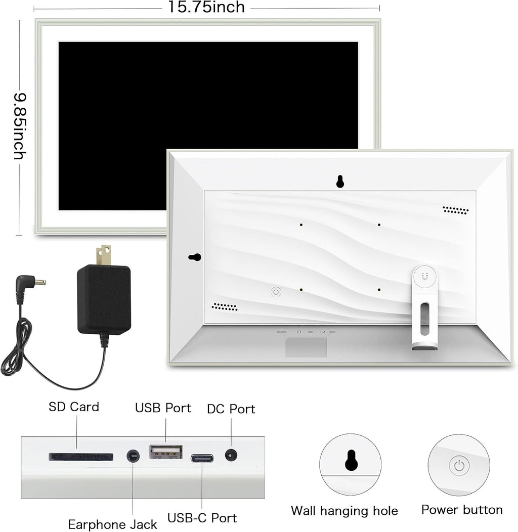 Digital Picture Frame, 15.6 Inch Frameo Digital Frame WiFi, 1920*1080 IPS FHD Touchscreen, 32GB, Tabletop&Wall-Mounted, Share Picture Video, Electronic Photo Frame Slideshow, Gifts for Mom, White Clay