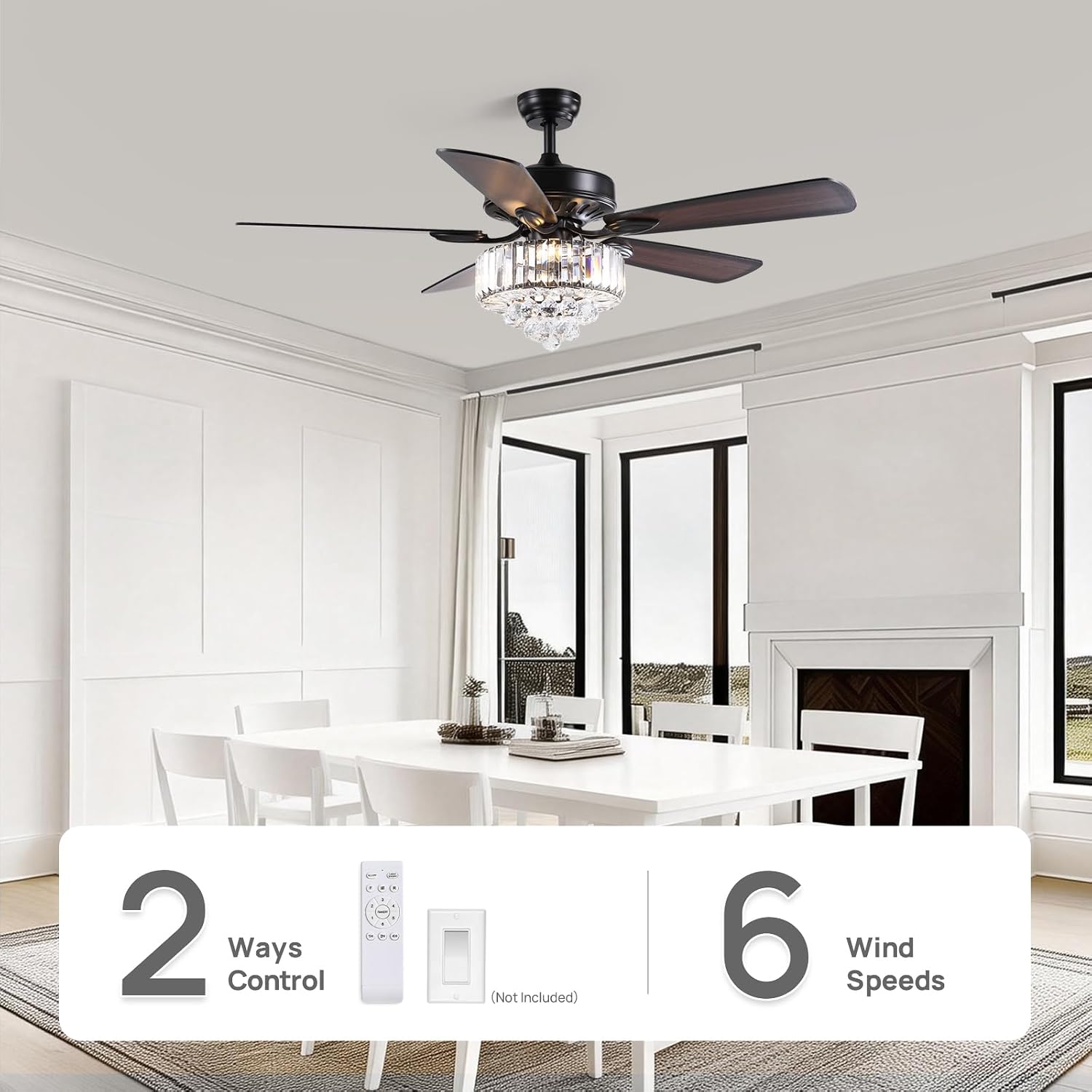 52 Inch Crystal Ceiling Fan with Lights and Remote Modern Black Chandelier Fan for Bedroom 5 Reversible Wood Blades Silent DC Motor Fandelier Ceiling Fans for Living Room Dining Room