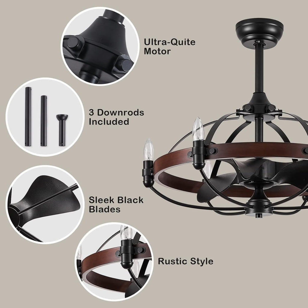 27-Inch Brown Walnut Farmhouse Style Chandelier Ceiling Fan with Light and Remote Control, Bladeless Motor for Bedroom, Kitchen, Living Room, Dining Room