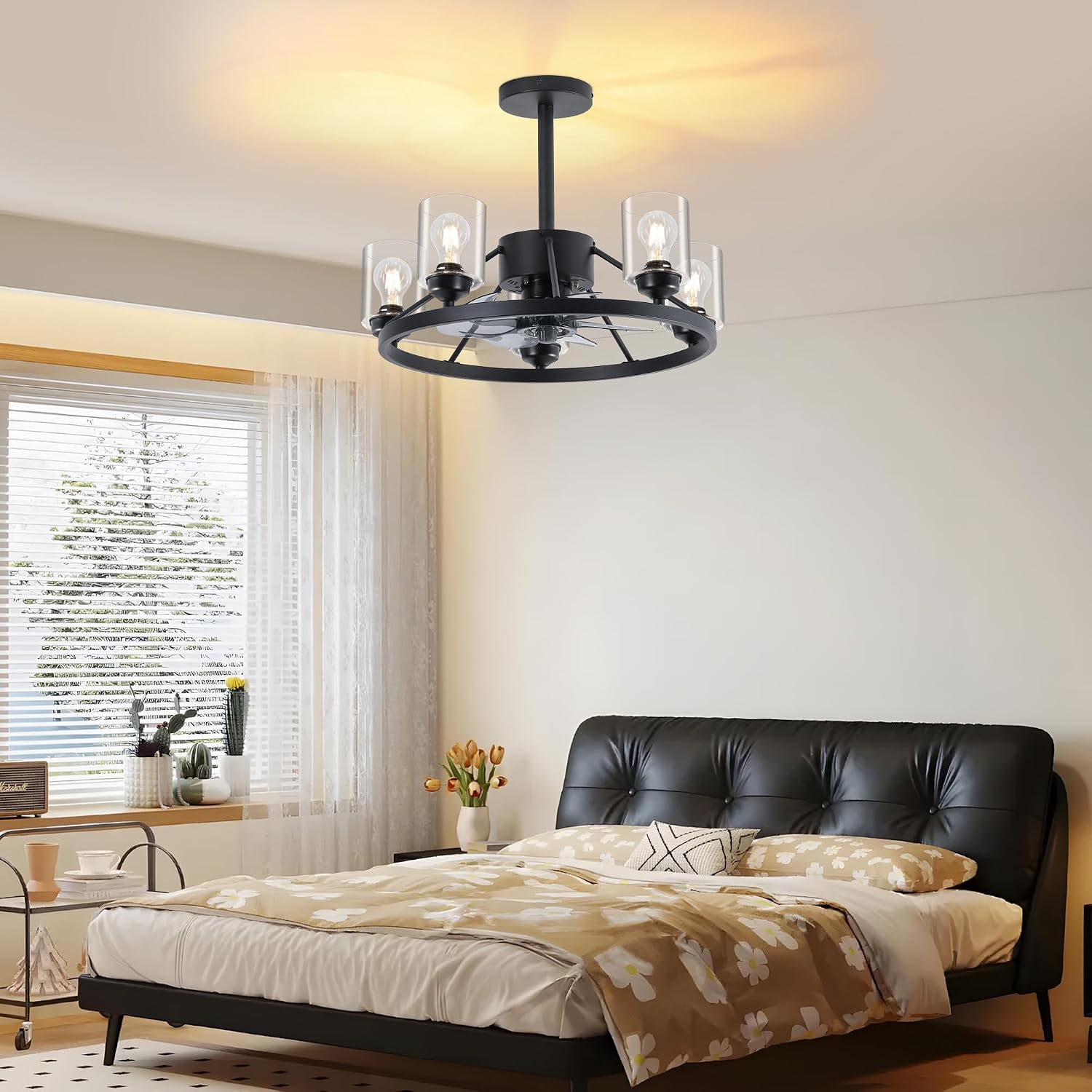 Miuyhji 24' Ceiling Fans with Lights Wagon Wheel Chandelier, Farmhouse Fandelier Black Fans with Glass Lampshade Light Fixture, 6 Speed, Timing, Adjustable Height for Dining Room Living Room