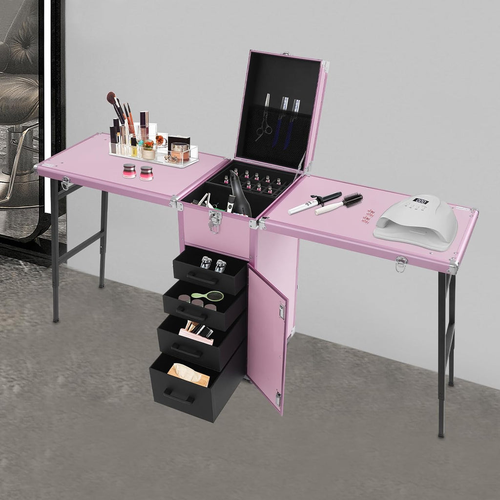 Professional Rolling Makeup Case, Foldable Nail Tables with Wheel, Travel Cosmetic Trolley Storage Organizer with Drawers, Manicure for Artist