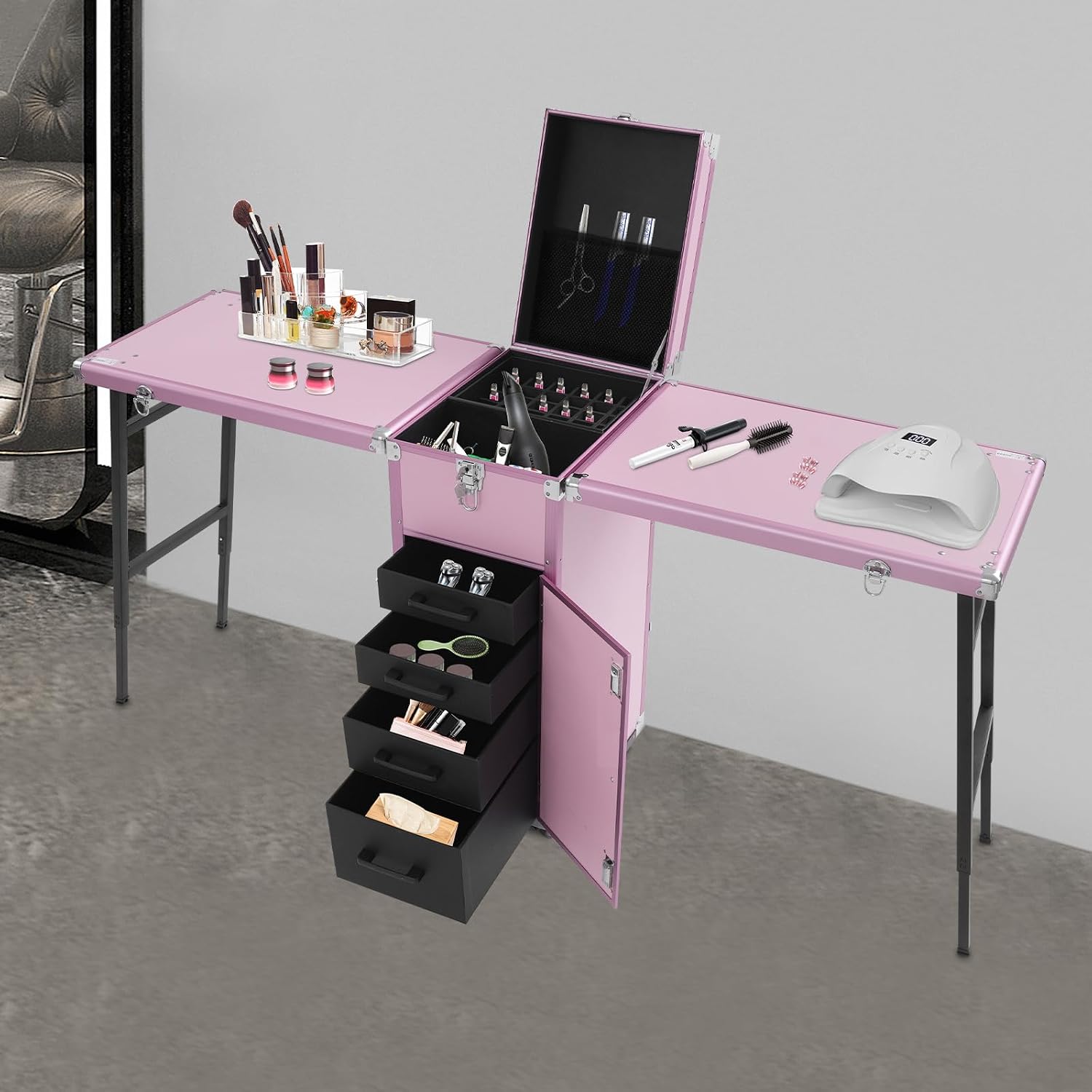 Professional Rolling Makeup Case, Foldable Nail Tables with Wheel, Travel Cosmetic Trolley Storage Organizer with Drawers, Manicure for Artist