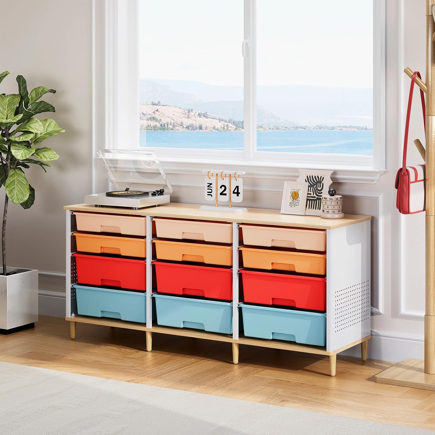 12 Drawers Storage Cabinet with Wooden Top and Plastic Bins, Toy Storage Organizer Toy Shelf Storage Chest Cubby Organizer for Home, Office, Playroom, Classroom & Craft Room Storage (Multicolored)