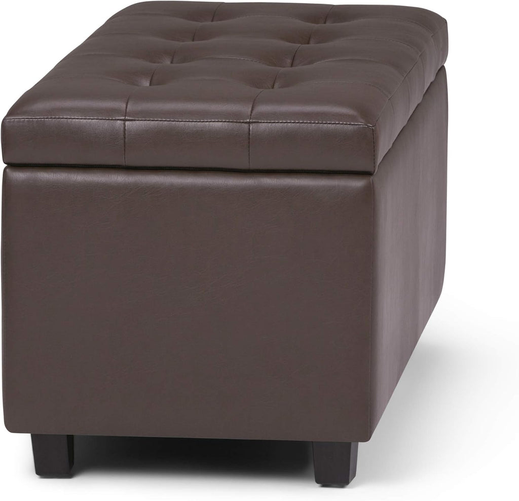 SIMPLIHOME Cosmopolitan Storage Ottoman - 34 inch Wide Upholstered Vegan Leather Rectangle Storage Ottoman Bench in Chocolate Brown, Transitional Tufted Ottoman for Living Room with Lift-Up Lid