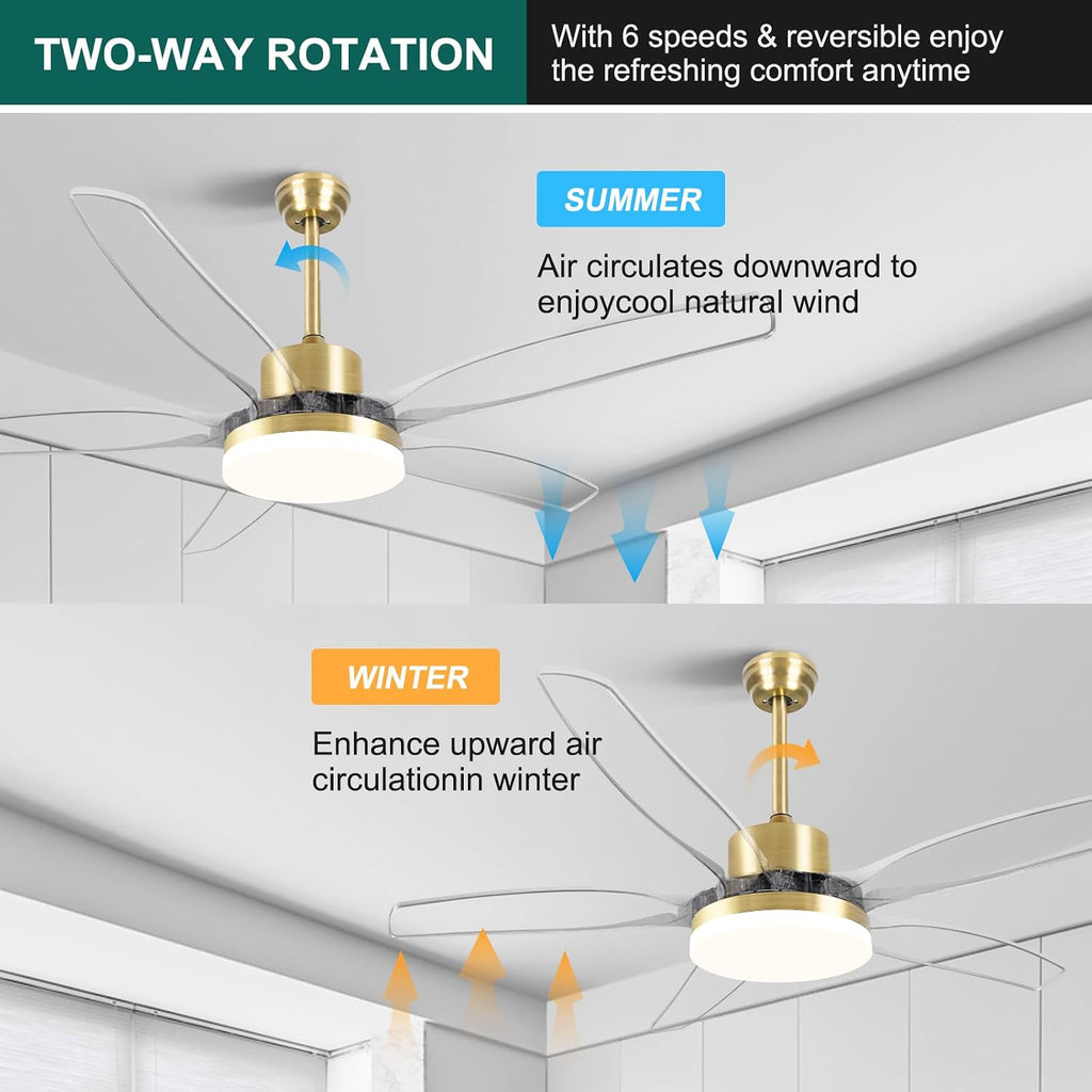 OKELI Clear Ceiling Fan with Light, 58 Inch Gold Transparent Ceiling Fans with Light and Remote 3 Reversible Blade LED Ceiling Fan and Light Combo for Living Room, Bedroom, Patio