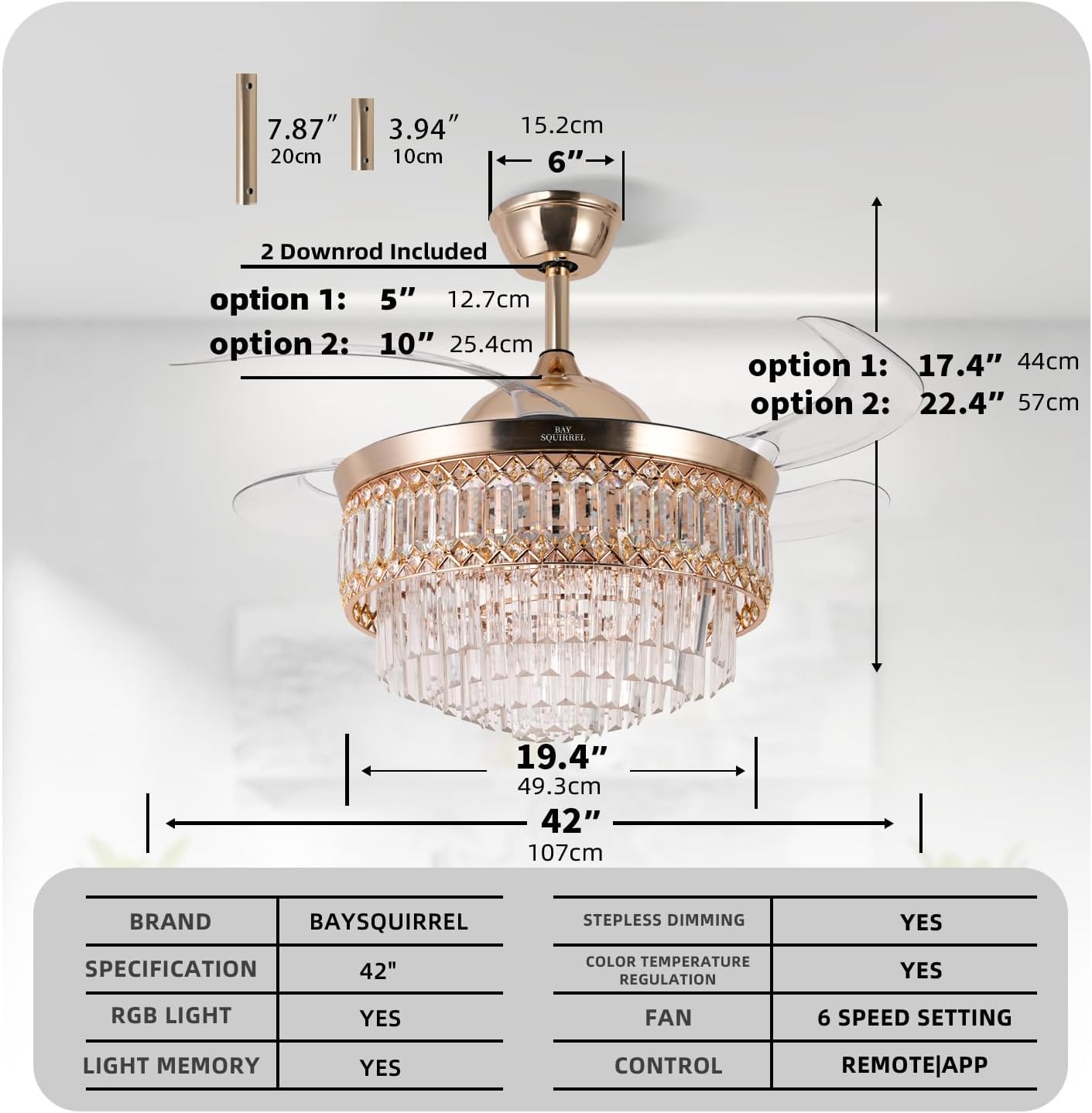 Retractable Crystal Ceiling Fan with Lights and Remote/APP Control, Bluetooth Ceiling Fan with Speaker, 6-Speed Reversible Blades, RGB Light, Invisible Fandelier for Bedroom Dinning Room 42'