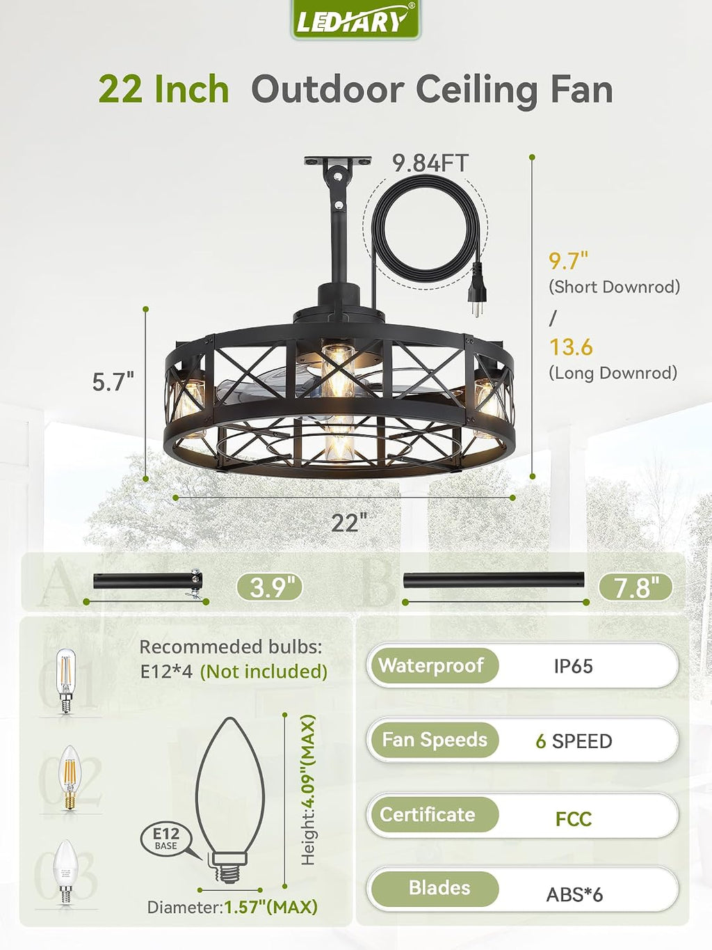 LEDIARY Outdoor Ceiling Fan with Lights for Patios- 22' Waterproof Plug in Gazebo Fan with Remote Control&Timer, 6-Speed Reversible Motor, Hanging Caged Ceiling Fan for Porch, Pergola