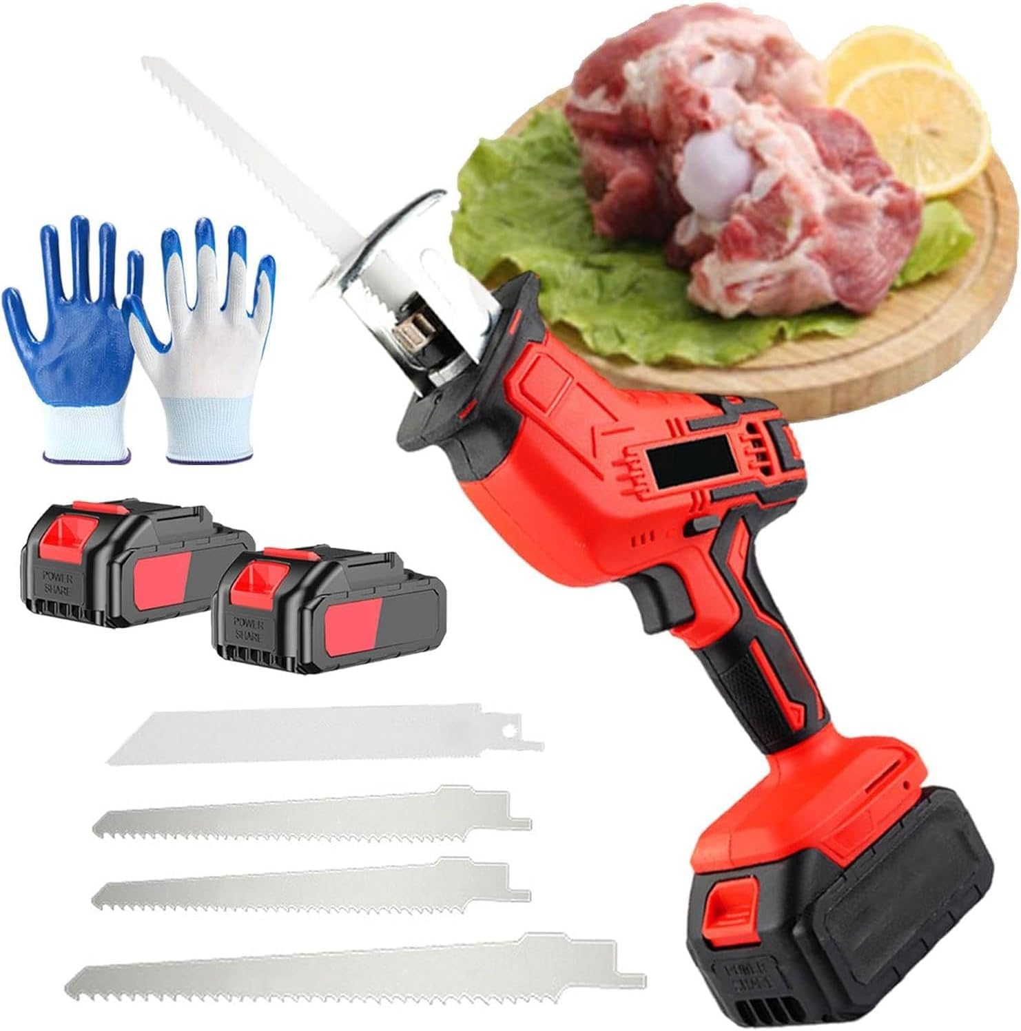 Electric Bone Saw Machine, Cordless Reciprocating Saw with 3 Ah Rechargeable Battery, for Bone/Meat/Wood/Metal/PVC Cutting, with 4 Saw Blades, LED Auxiliary Light, Home/Commercial