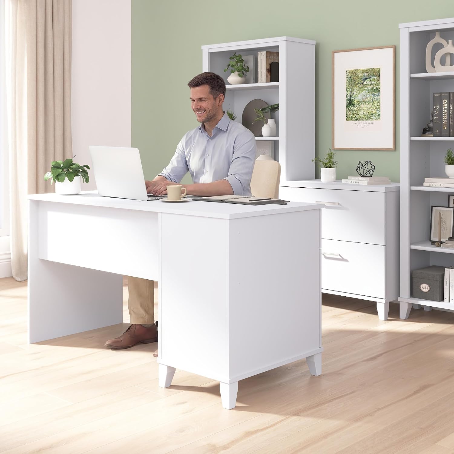 Bush Home 54-Inch Office Desk with Drawer and Storage Cabinet, Computer Desk with Box Drawer and Adjustable Shelf, Home Office Workstation Furniture, Somerset Collection, White