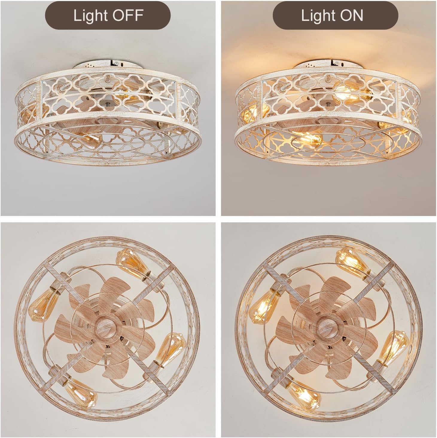 Farmhouse Ceiling Fans with Lights Remote Control,6 Speed Reversible Flush Mount Low Profile Rustic Antique White Ceiling Fan with Light,Boho Bladeless Country Caged Ceiling Light Fixture