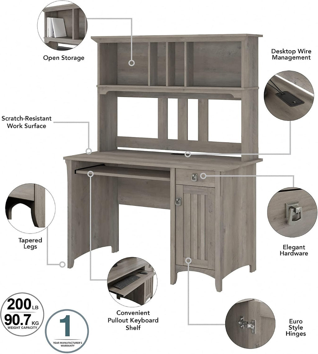 Bush Home Salinas Computer Desk with Hutch | Study Table with Drawers, Cabinets & Pullout Keyboard/Laptop Tray | Modern Home Office Desk in Driftwood Gray | Work Desk with Storage