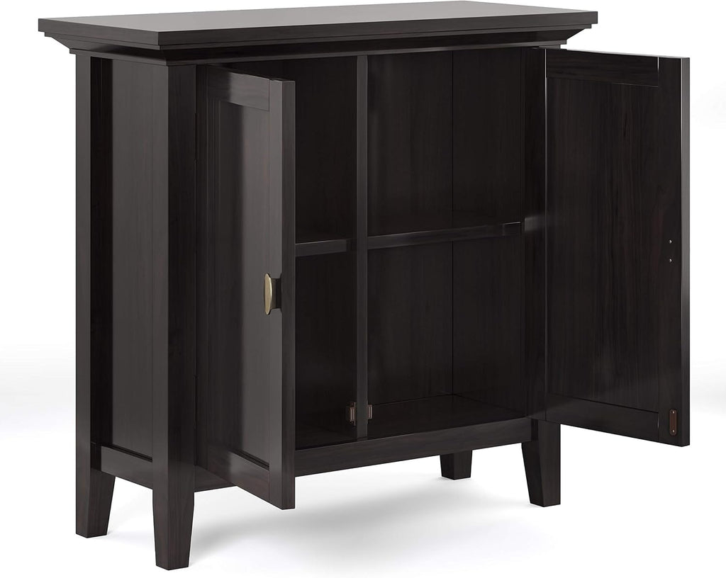 SIMPLIHOME Redmond Storage Cabinet - 32 inch Wide Solid Wood 2-Shelf Low Storage Cabinet in Hickory Brown, Transitional Accent Cabinet for Entryway with Adjustable Shelves and Tapered Legs