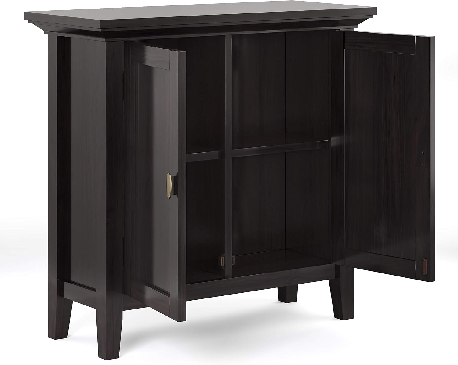 SIMPLIHOME Redmond Storage Cabinet - 32 inch Wide Solid Wood 2-Shelf Low Storage Cabinet in Hickory Brown, Transitional Accent Cabinet for Entryway with Adjustable Shelves and Tapered Legs
