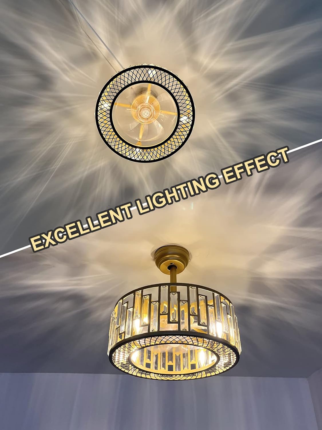 Gold Crystal Fandelier Kitchen Caged Ceiling Fan Light for Bedroom with Remote Control Modern Bladeless Brass Ceiling Fan Lighting Fixture for Dining Room Living Room