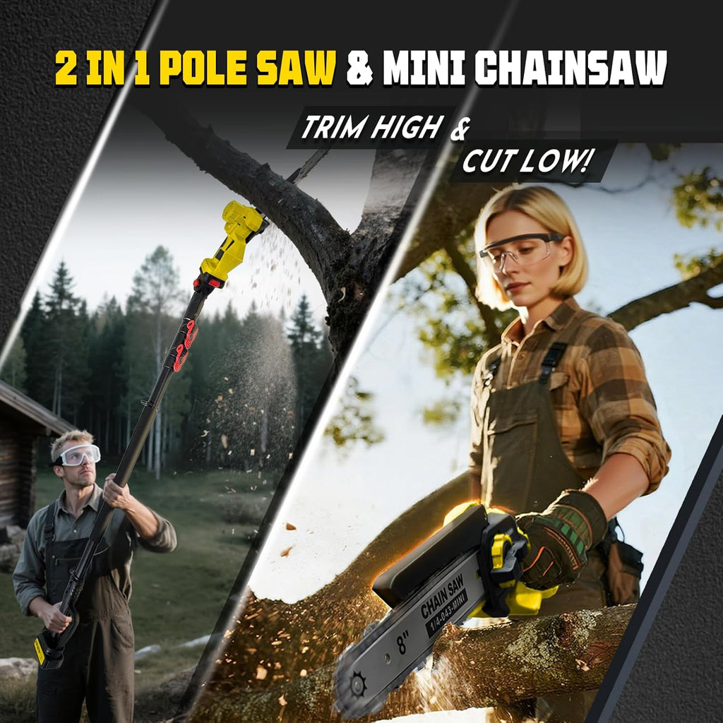 Brushless 2-IN-1 Cordless Pole Saw & Mini Chainsaw, 2× 21V 4.0Ah Battery Powered 8 Inch Chain,Max Reach 16 Ft & Multi-Angle Electric Pole Saw for Tree Trimming, Gifts For Father,Husband,Men