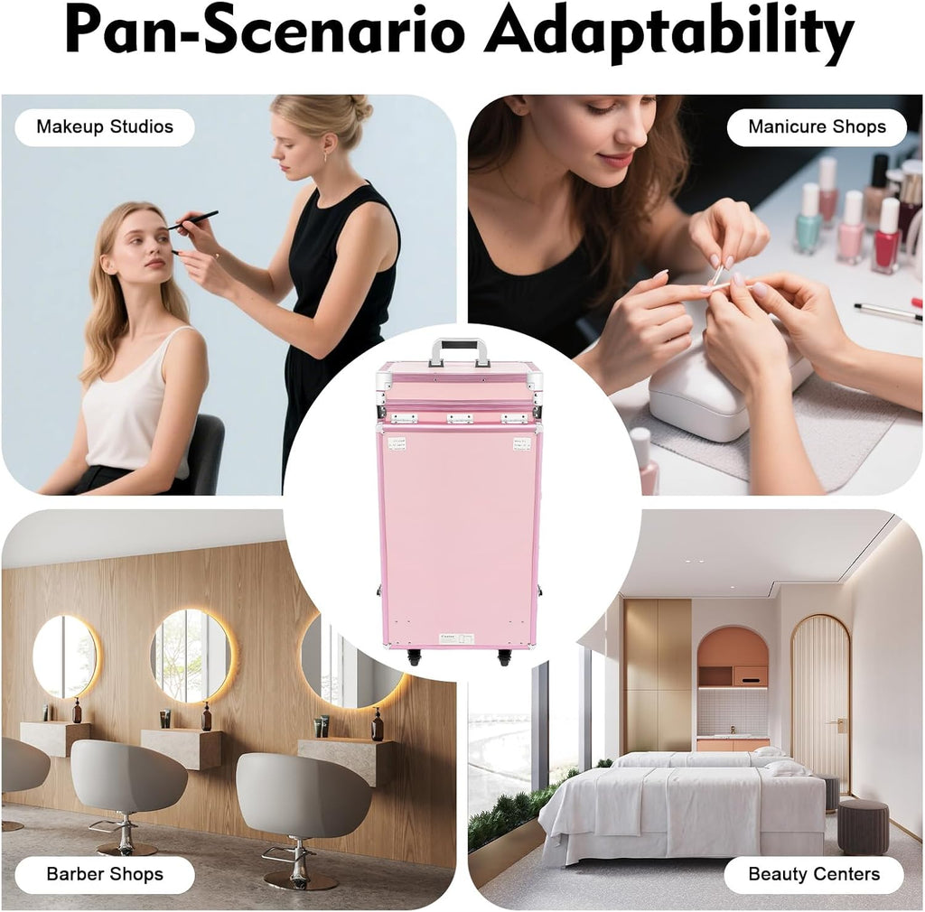 Rolling Manicure Table Train Case with 4 Universal Wheels,Professional Makeup Suitcase With Drawers & Unfold Table,2 Built-In Music Speakers,Travel Cosmetic Storage Train for Makeup Artist,Hairstylist