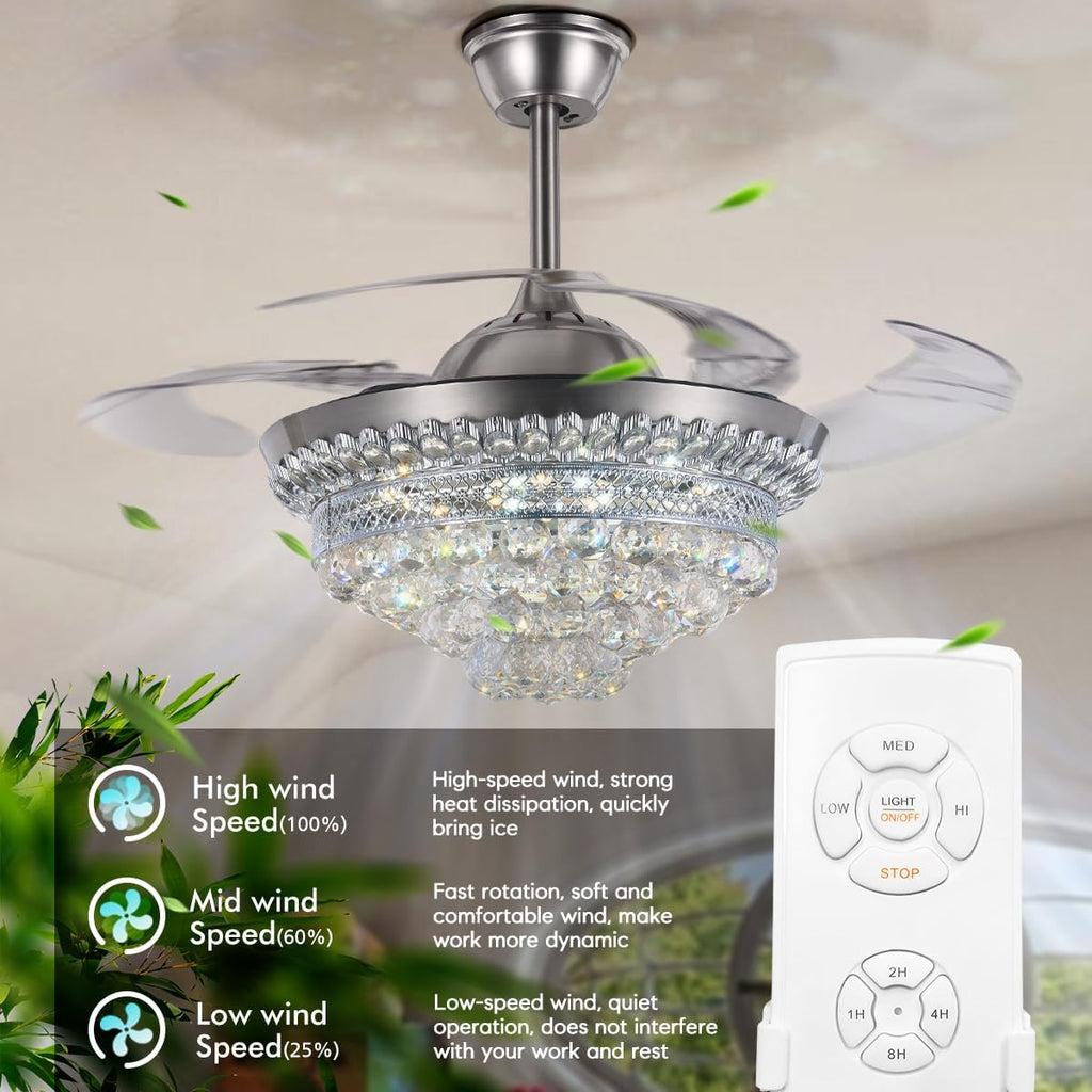 BIGBANBAN 42' Crystal Ceiling Fan with Light Remote Control, Silver Retractable Chandelier Fan 3 Colors LED Light 3 Speeds Modern Fandelier Chandelier for Living Room Bedroom