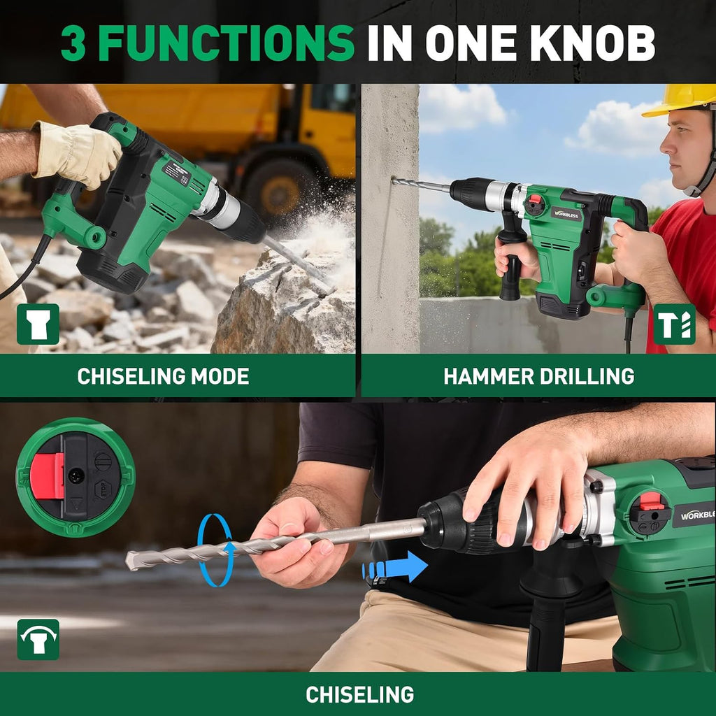 SDS Max Rotary Hammer Drill, 1-1/2 Inch 13 Amp Heavy and Duty Corded Concrete Demolition Hammer with 3 Functions, 6 Variable Speed, Safety Clutch, Vibration Control, 2 Chisels