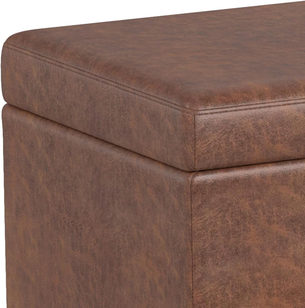 SIMPLIHOME Avalon Extra Large Storage Ottoman Bench - 54 inch Wide Upholstered Vegan Leather Rectangular Lift-Top Ottoman in Distressed Saddle Brown, Contemporary Bench for Living Room with Storage