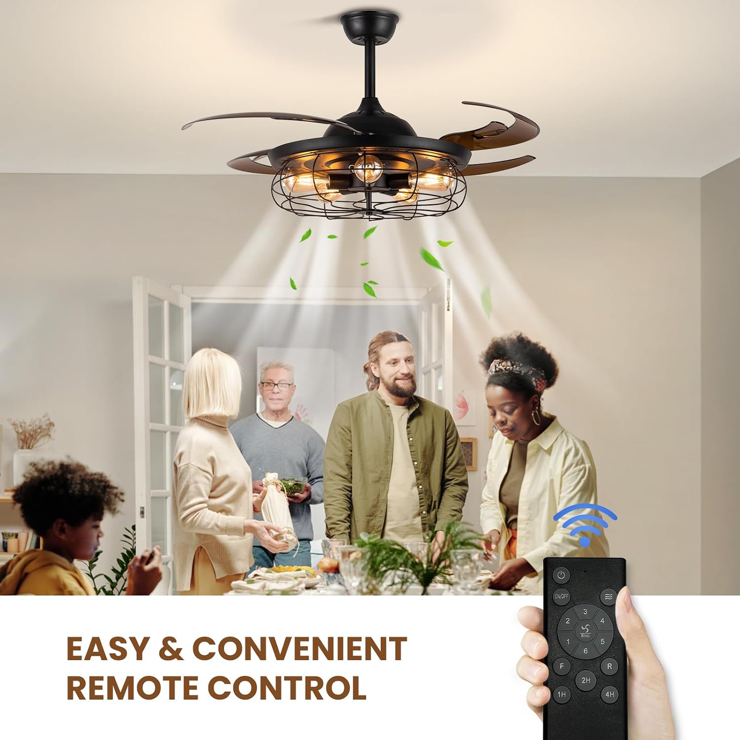 Siljoy Retractable Ceiling Fan with Lights Black Industrial Caged Ceiling Fan with Remote Controller Farmhouse Chandelier Fan with Lights for Living Room Bedroom Patio (48 Inches, 5 Lights)
