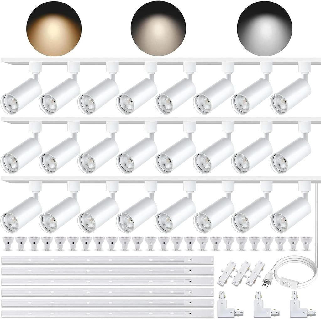 GU10 Track Lighting Fixtures, White Plug in 3CCT Complete Kit with 6 * 3.28FT H Track Rails and 24 Track Light Heads, 120V Brightness Dimmable Ceiling Spotlight Fixture for Accent Lighting