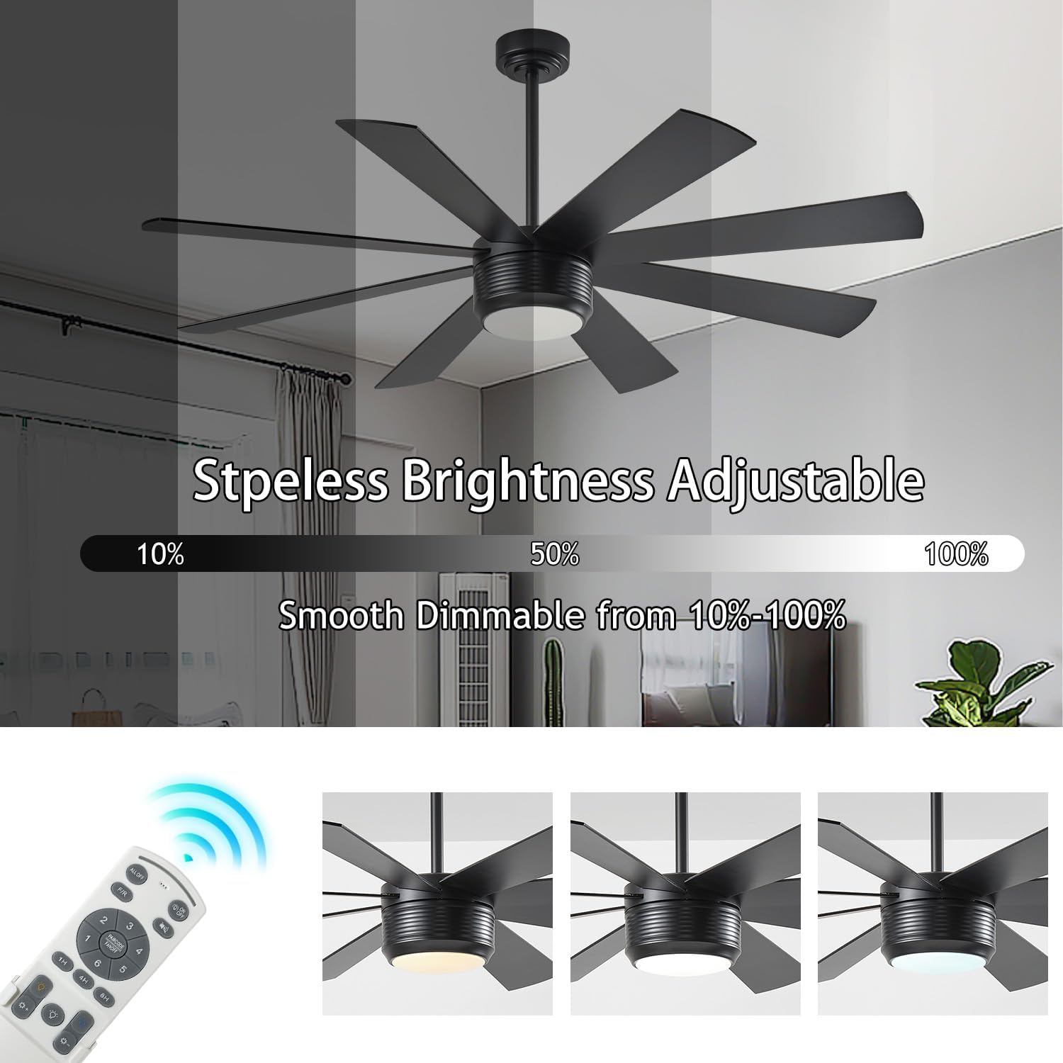 SHOWDI Black Ceiling Fans with Lights and Remote, Quick Installation, 60 in | 2 Blade Color, Metal Material, App Remote Control, Timer, Reversible, 3CCT, Dimmable for Bedroom, Living room, Indoor