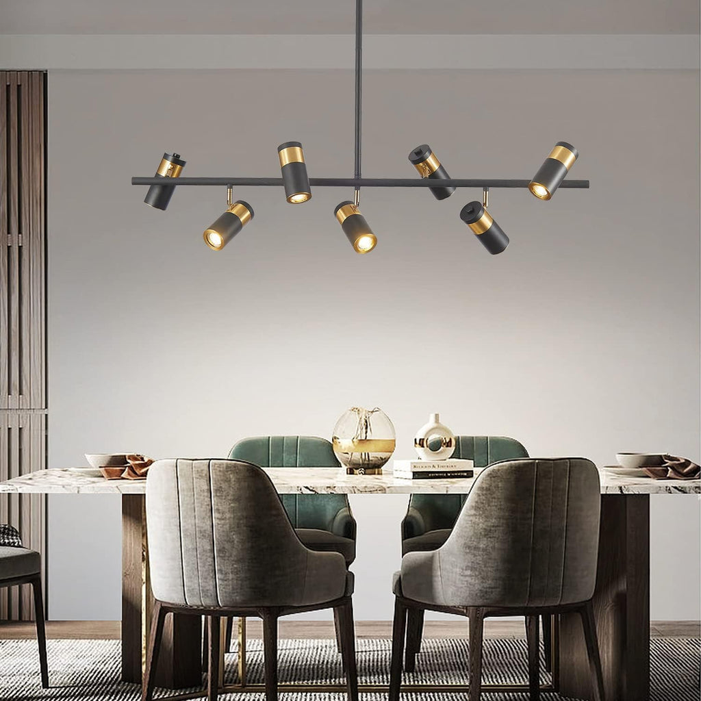 KCO Lighting Black and Gold 7-Light Hanging Track Lighting Modern Kitchen Island Pendant Track Lighting Fixtures Mid Century Ceiling Mount Adjustable Spotlight
