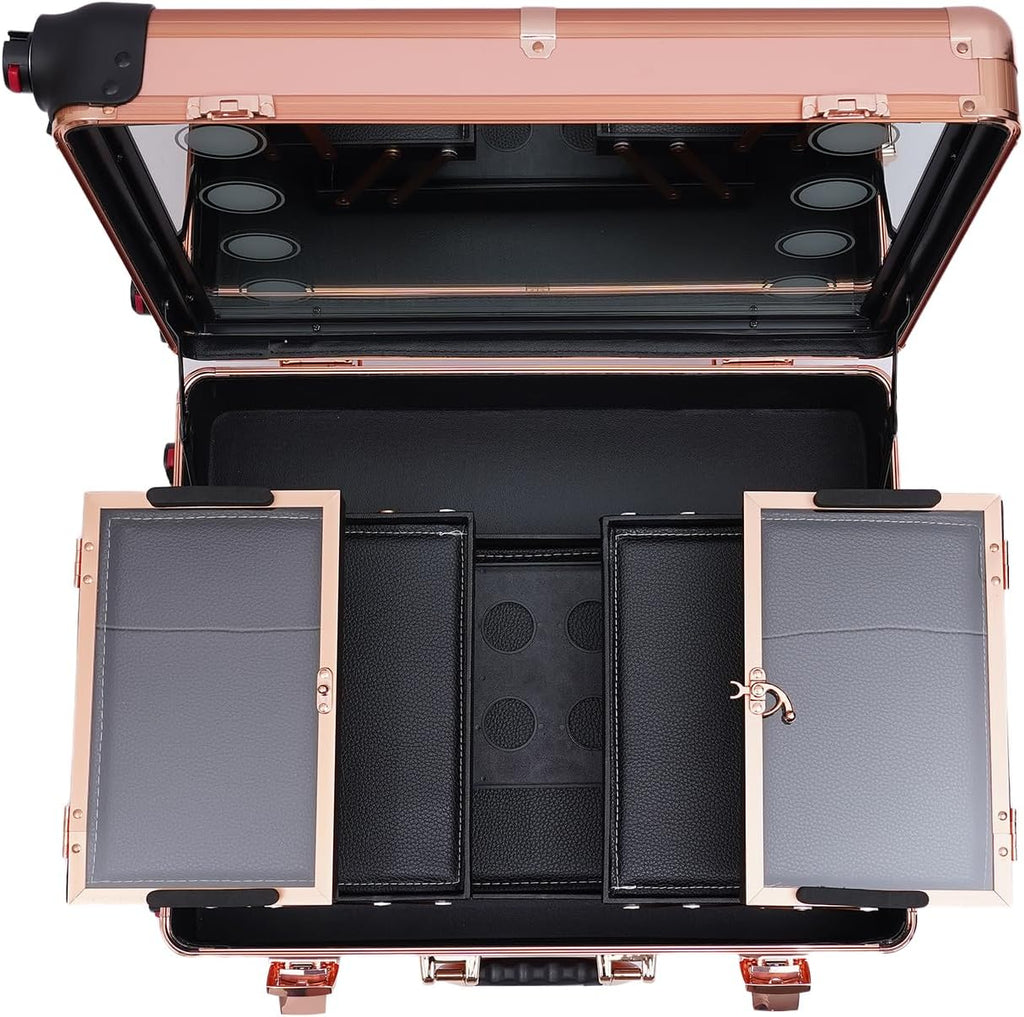 20' Aluminum Trolley Makeup Train Case with Mirror &LED Lights, Professional Cosmetic Organizer Makeup Suitcase with Wheels, Portable Makeup Vanity Rolling Vanity Makeup Station for Travel (Rose Gold)