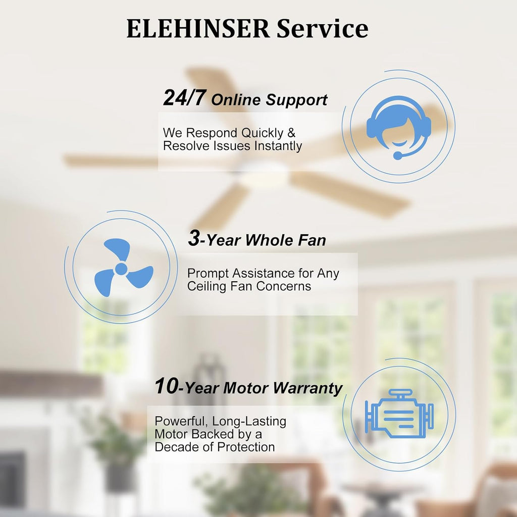 ELEHINSER 52 Inch Flush Mount Ceiling Fan with Lights, Low Profile Modern Ceiling Fan with Remote, Quiet DC Motor, 6-Speed, 3CCT,Timer, 5 Solid Wood Blades, White+Light Wood