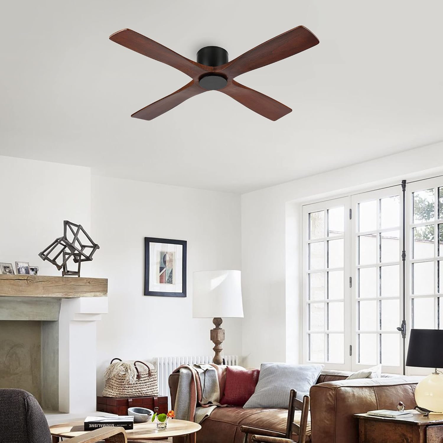 WINGBO 48 Inch Flush Mount DC Ceiling Fan without Lights, 4 Reversible Carved Wood Blades, 6-Speed Noiseless DC Motor, Hugger Ceiling Fan No Lights in Matte Black Finish with Walnut Blades, ETL Listed