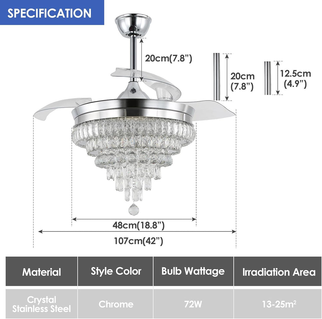 CLAIRDAI 42'' Crystal Ceiling Fan with Light, Dimmable LED Fandelier, Retractable Blades, Remote, 6-Speed Reversible, Flush Mount for Bedroom Living Room Dining Room