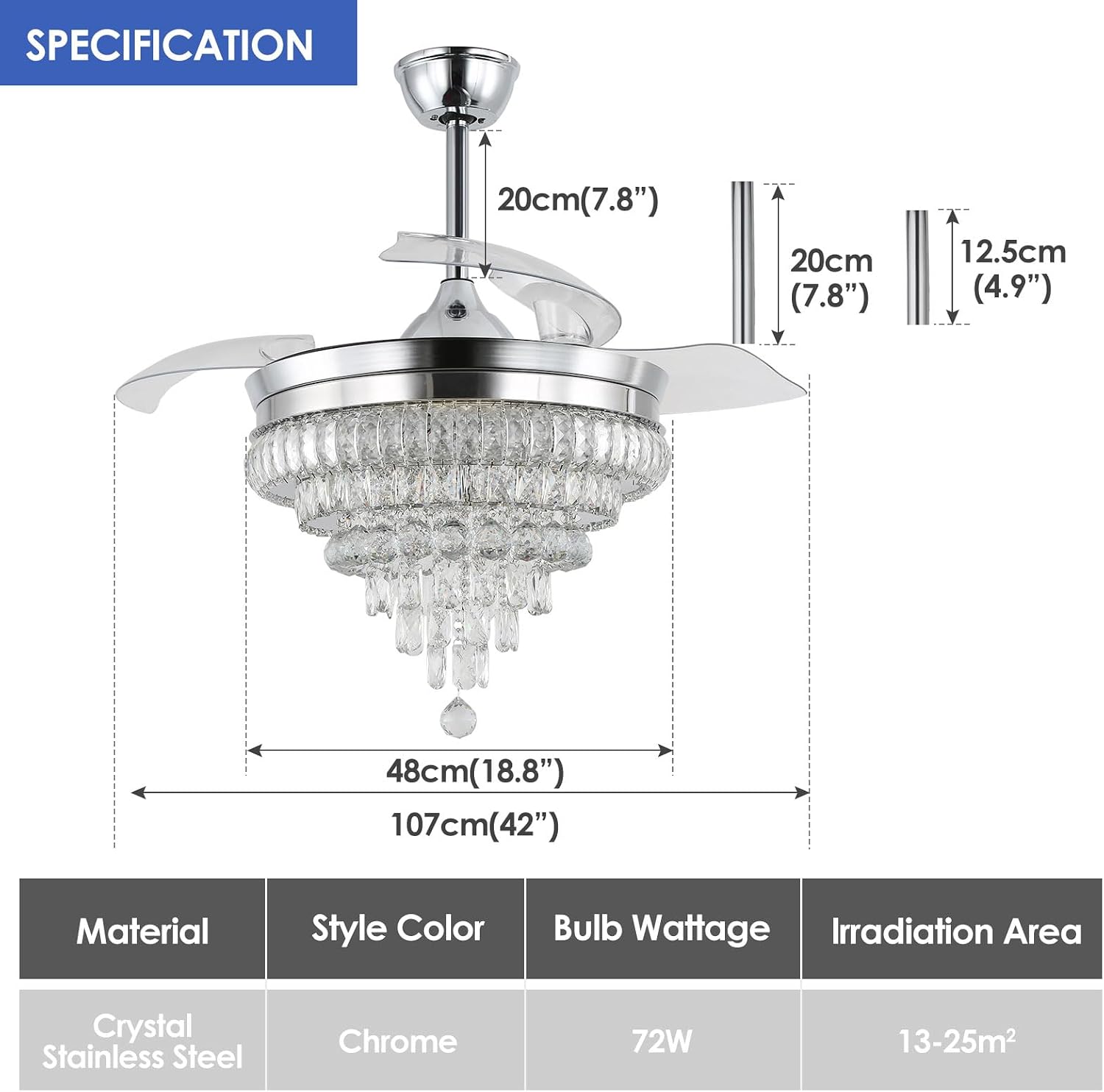 CLAIRDAI 42'' Crystal Ceiling Fan with Light, Dimmable LED Fandelier, Retractable Blades, Remote, 6-Speed Reversible, Flush Mount for Bedroom Living Room Dining Room